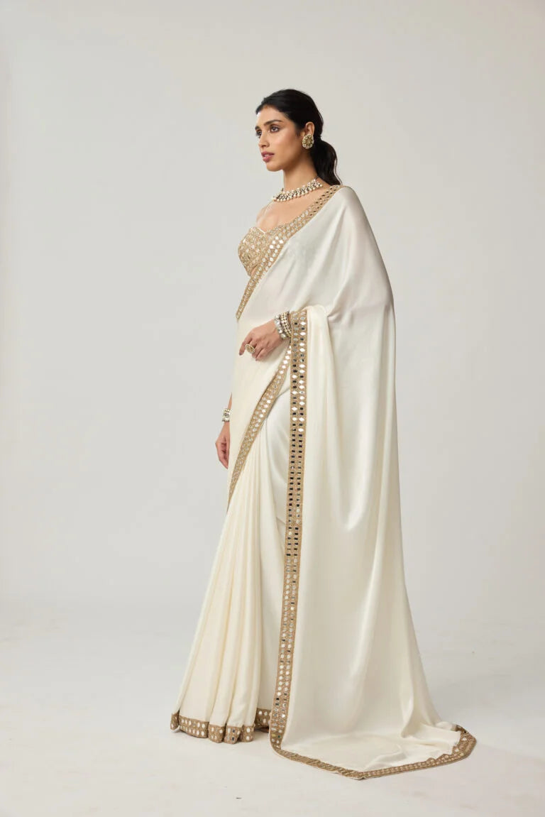 Off White Mirror Satin Saree Set