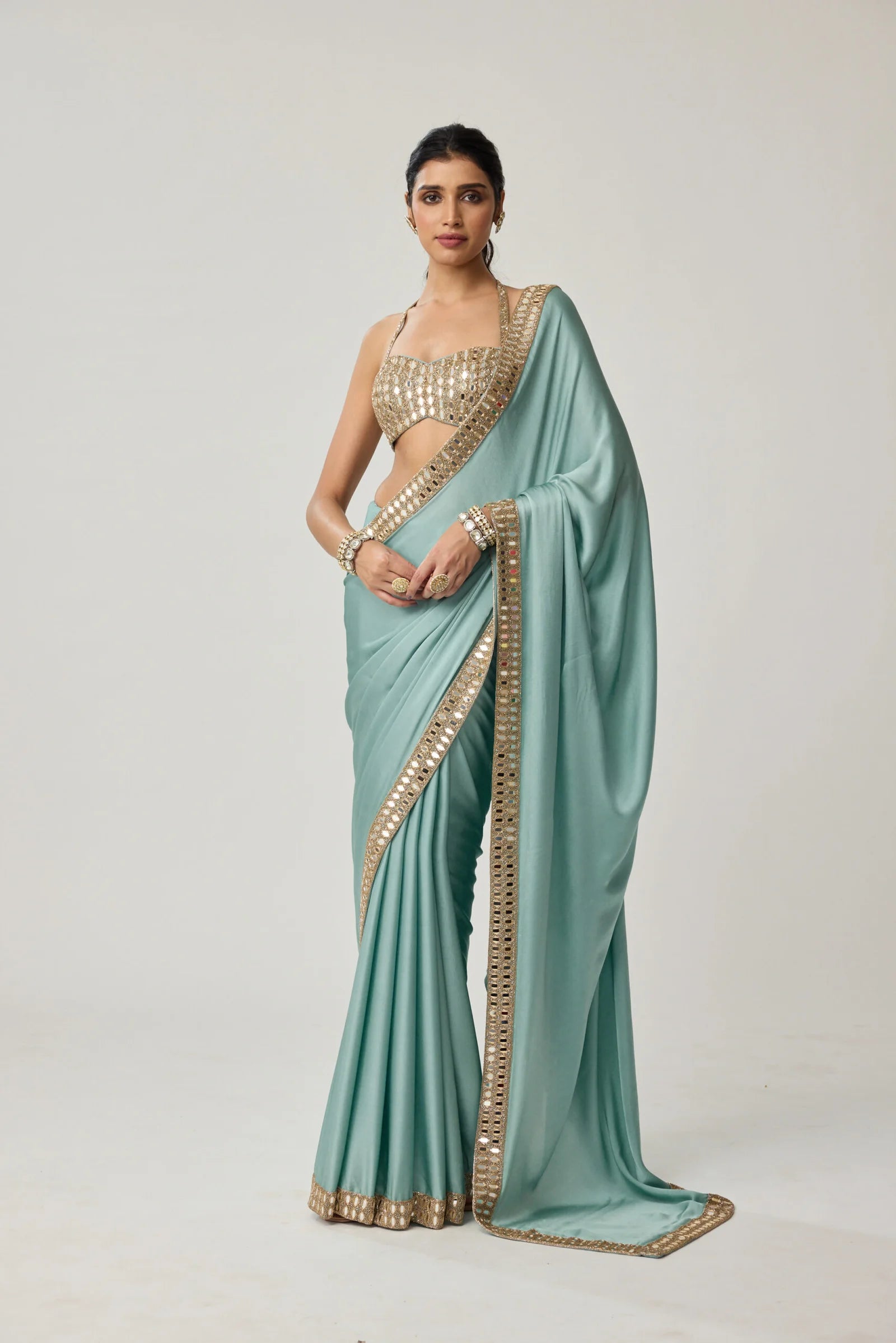 Powder Blue Mirror Satin Saree Set
