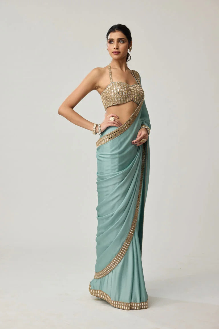 Powder Blue Mirror Satin Saree Set