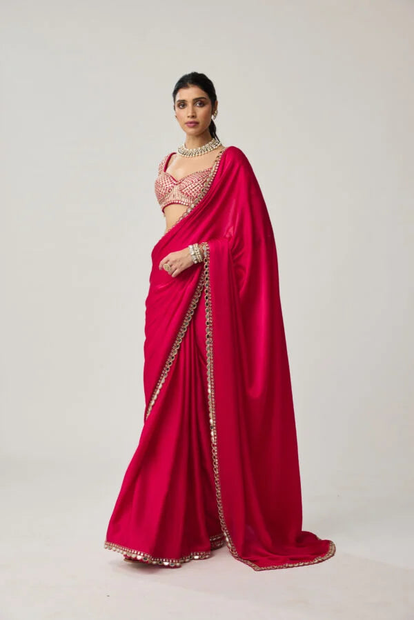 Crimson Red Gota Mirror Satin Saree Set