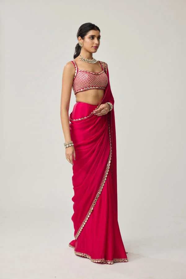 Crimson Red Gota And Mirror Embroidered Saree Set
