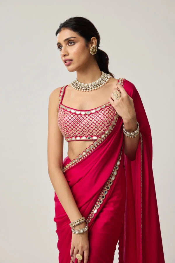 Crimson Red Gota And Mirror Embroidered Saree Set