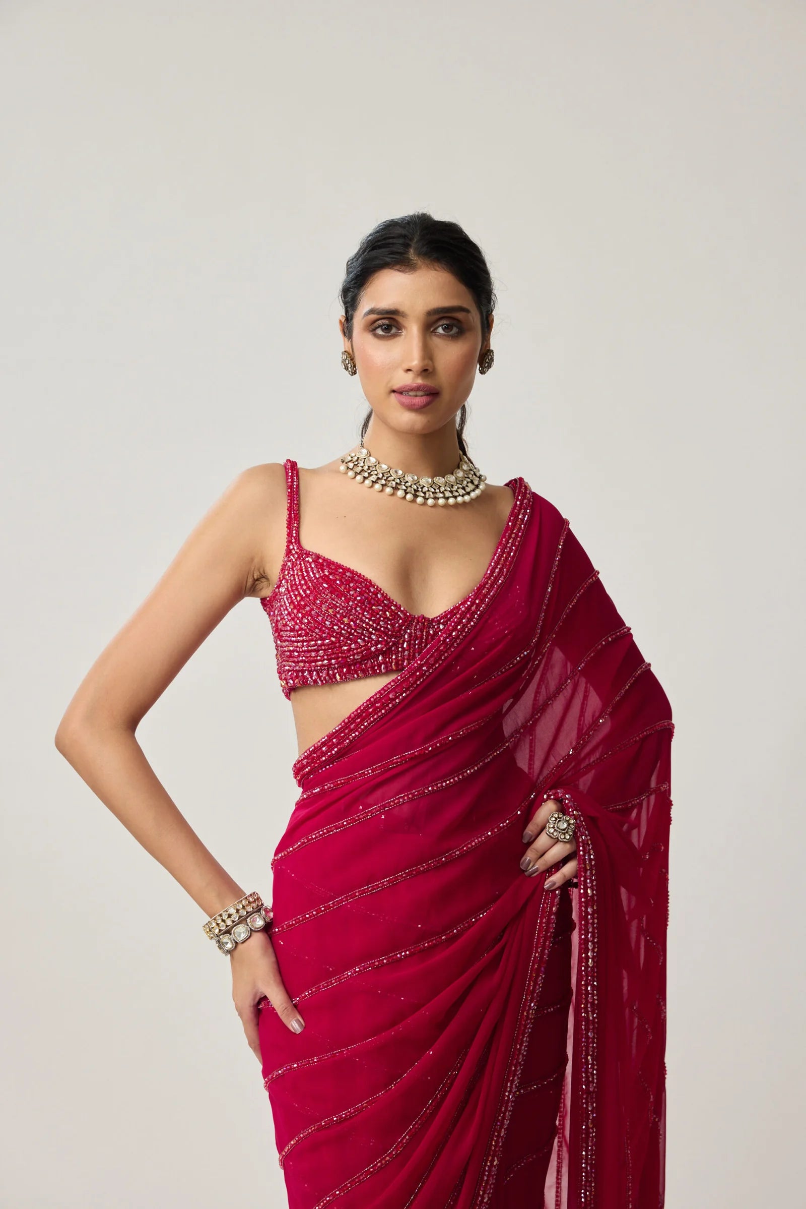 Ruby Red Crystal Saree set