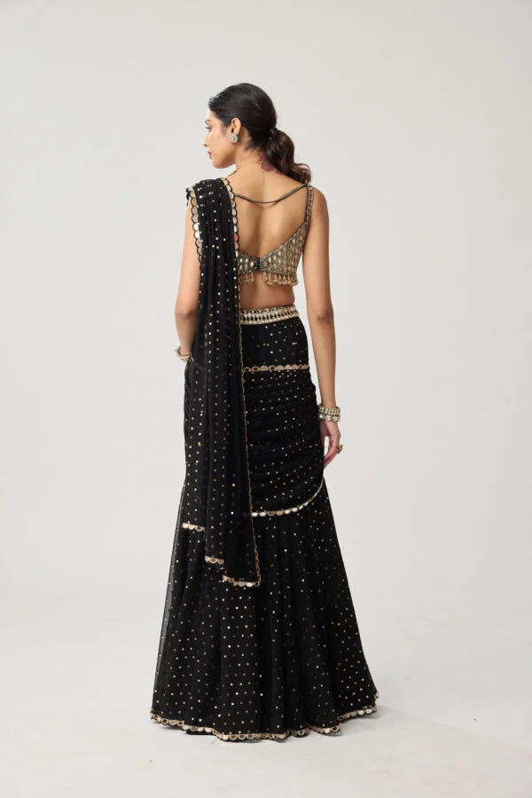 Black Georgette Flared Pants Saree Set