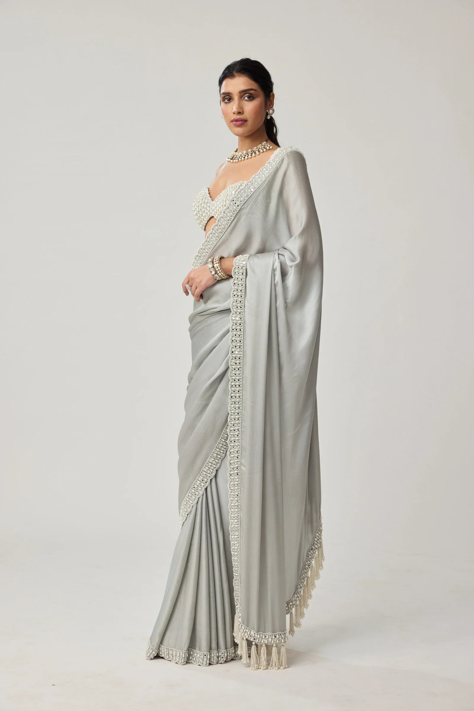 Powder Grey Chiffon Pearl and Mirror Saree Set
