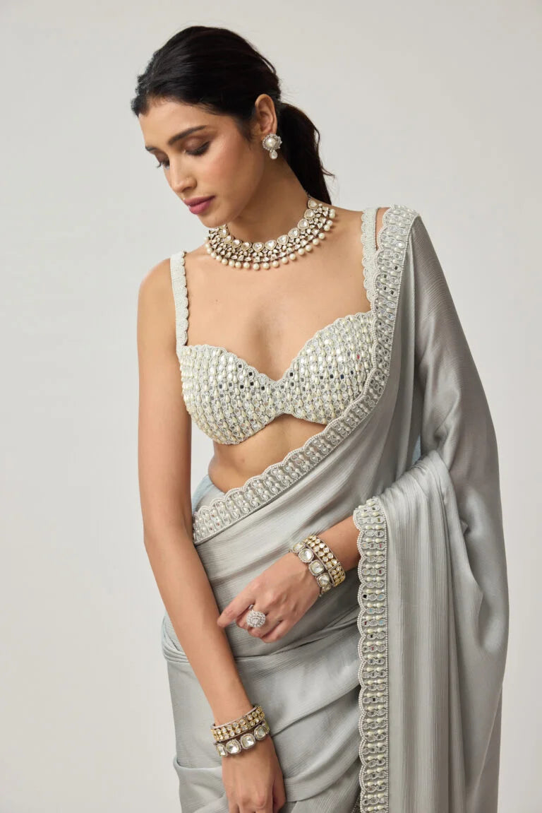 Powder Grey Chiffon Pearl and Mirror Saree Set