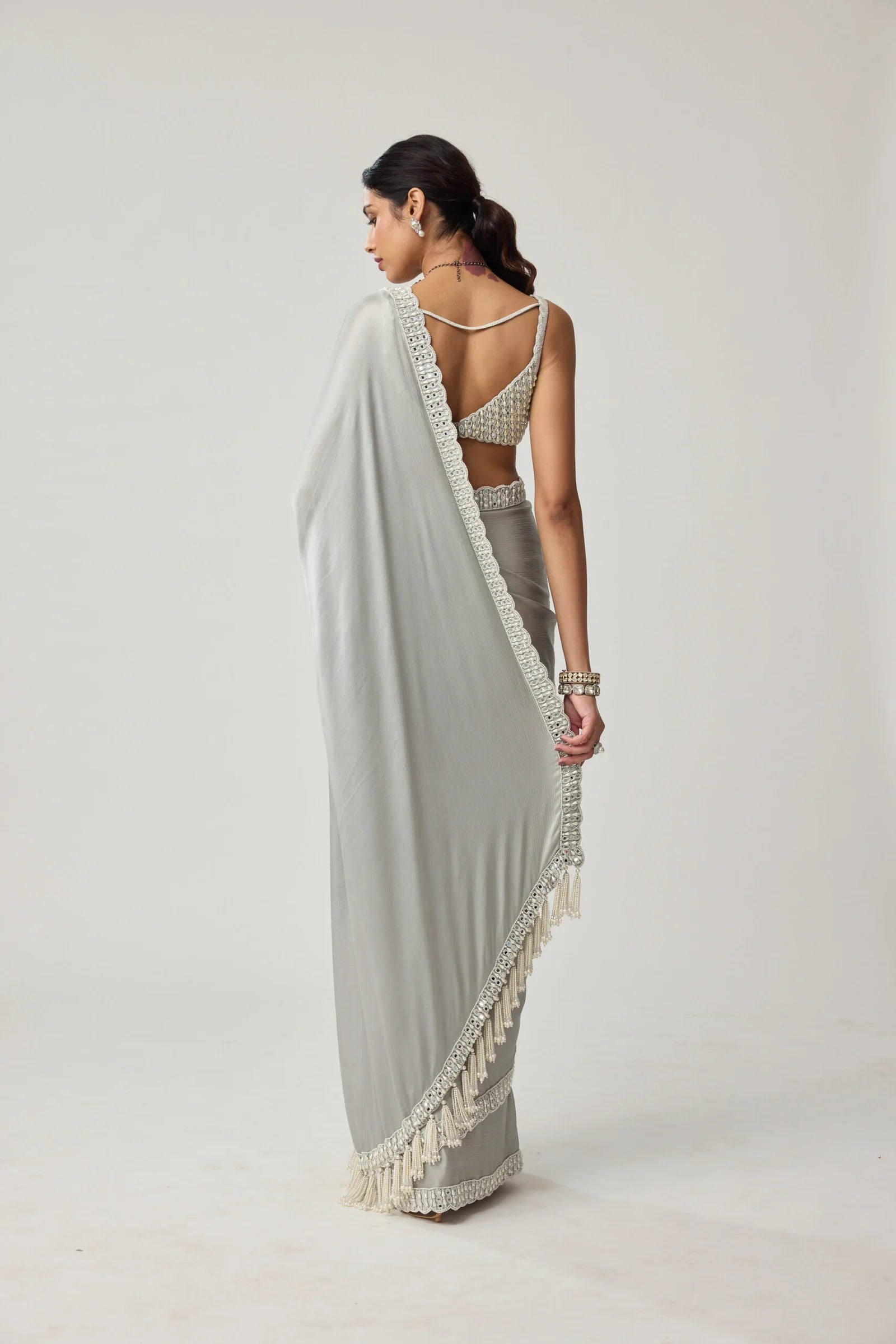 Powder Grey Chiffon Pearl and Mirror Saree Set