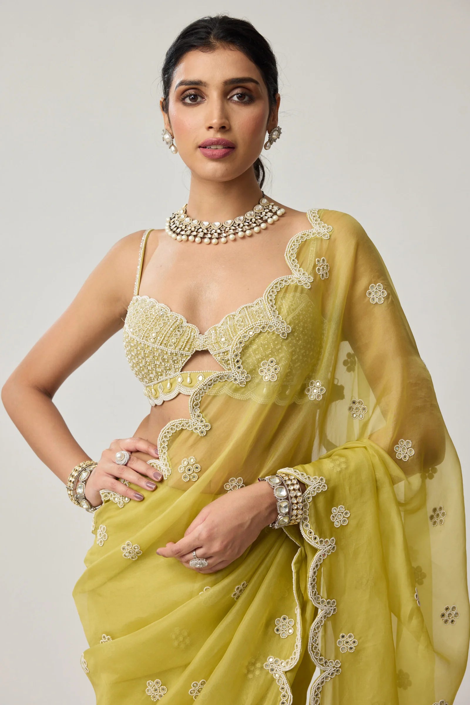 Fern Green Organza Mirror and Pearl Saree Set