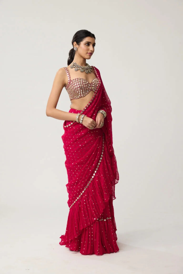 Crimson Red Ruffle Sequins Mirror Saree Set