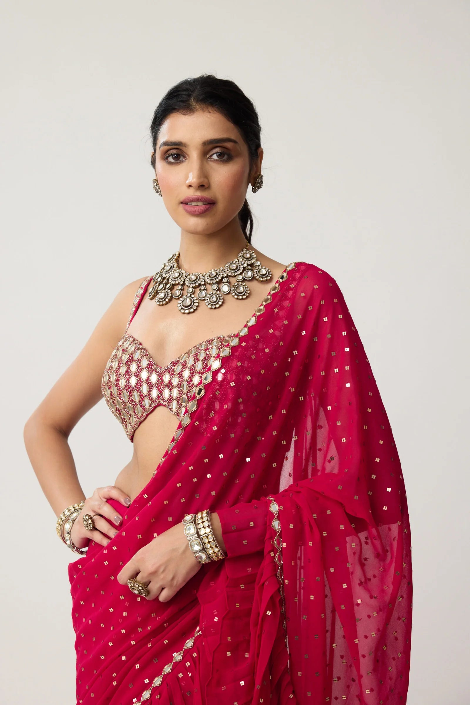 Crimson Red Ruffle Sequins Mirror Saree Set