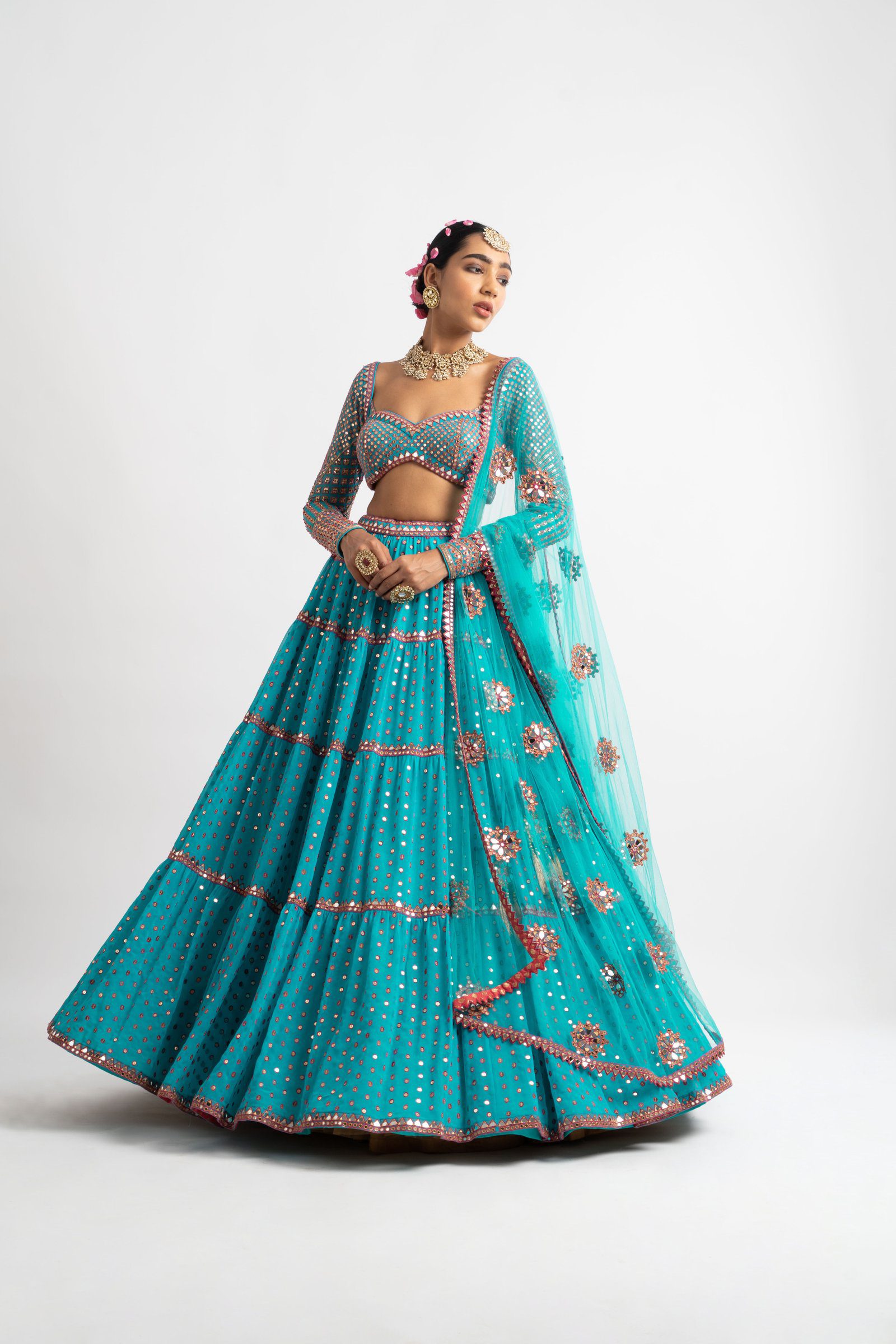 Peacock Green Multi Tier Multi Color Lehenga Set