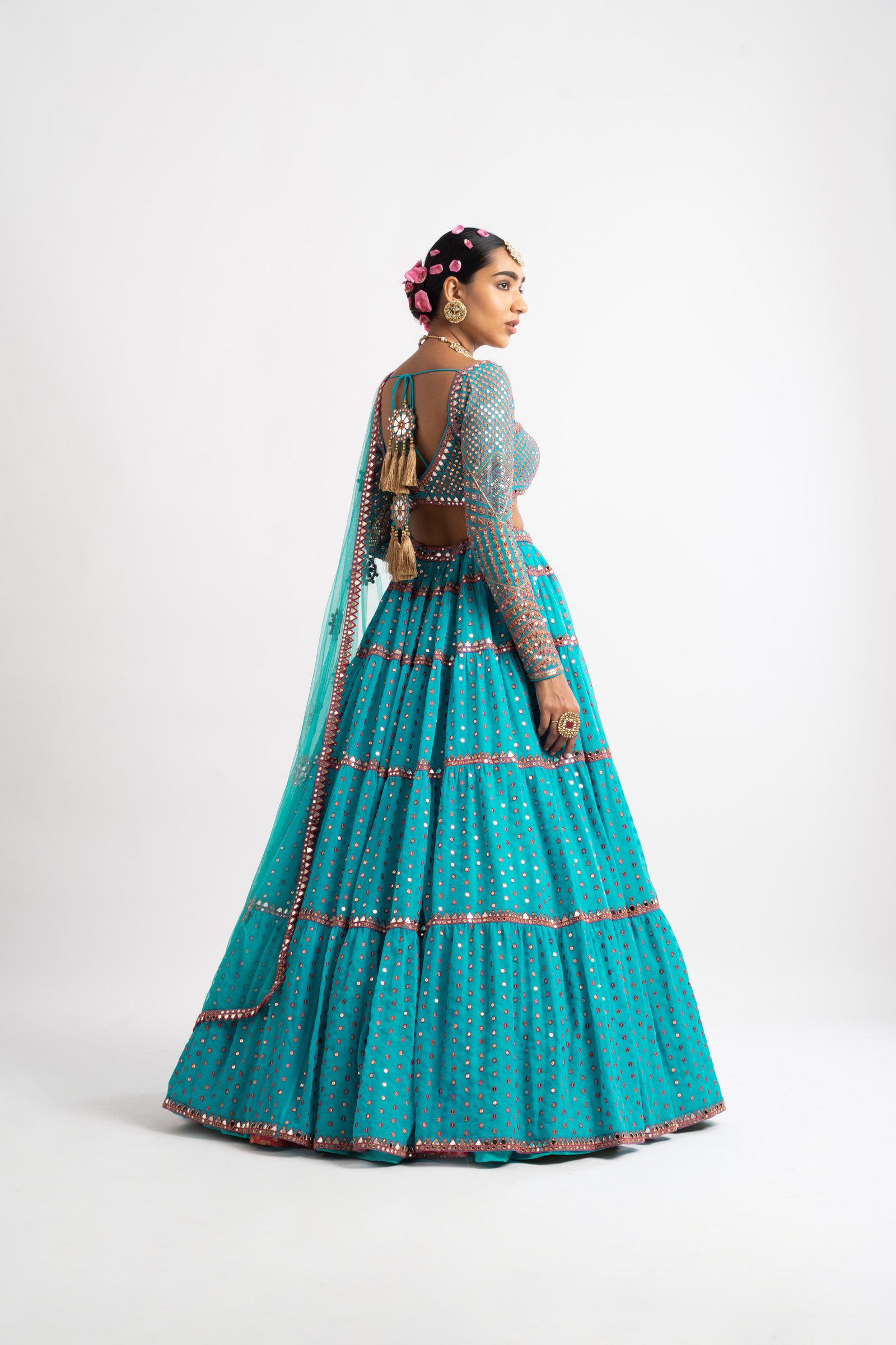 Peacock Green Multi Tier Multi Color Lehenga Set