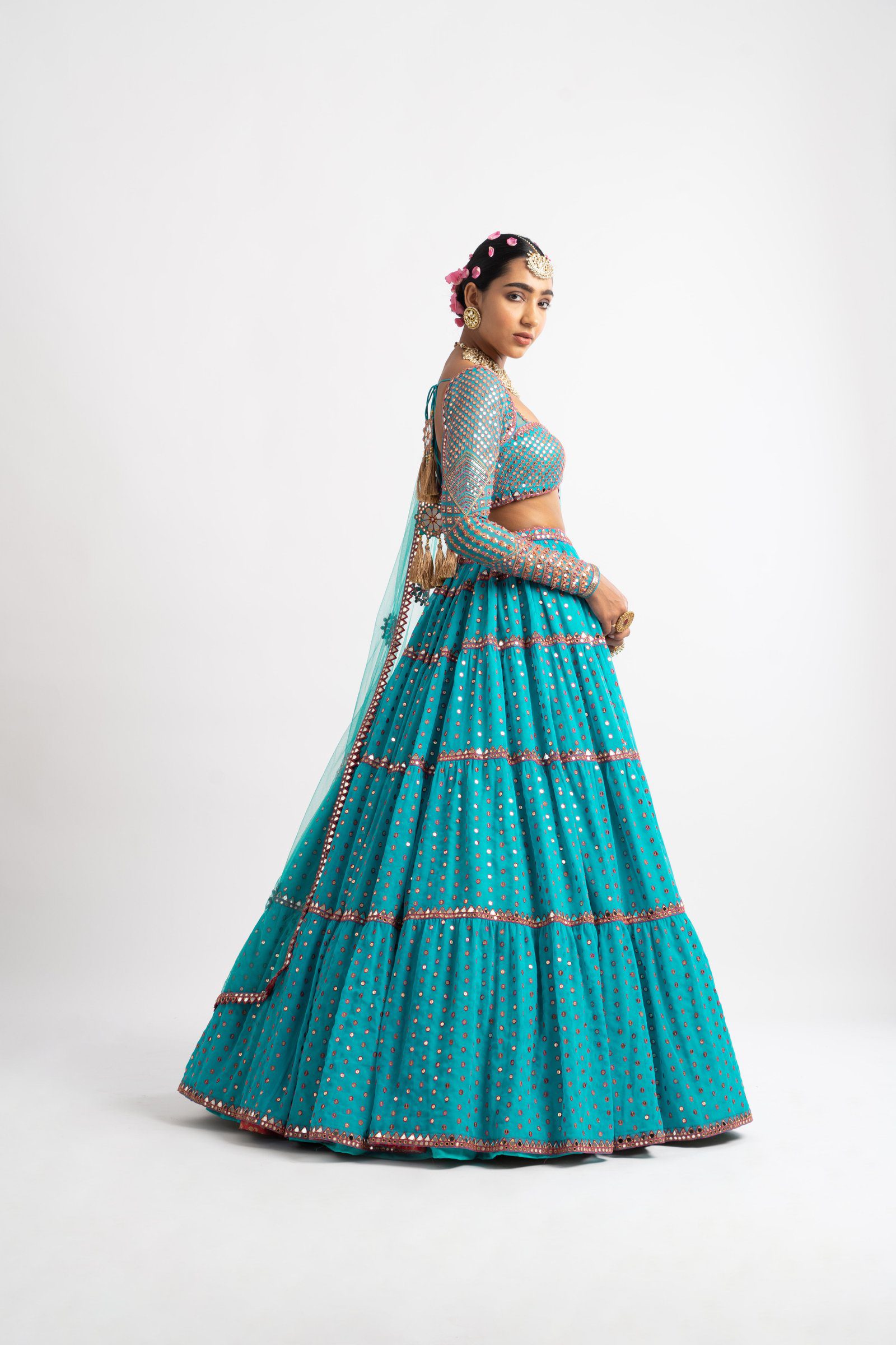 Peacock Green Multi Tier Multi Color Lehenga Set