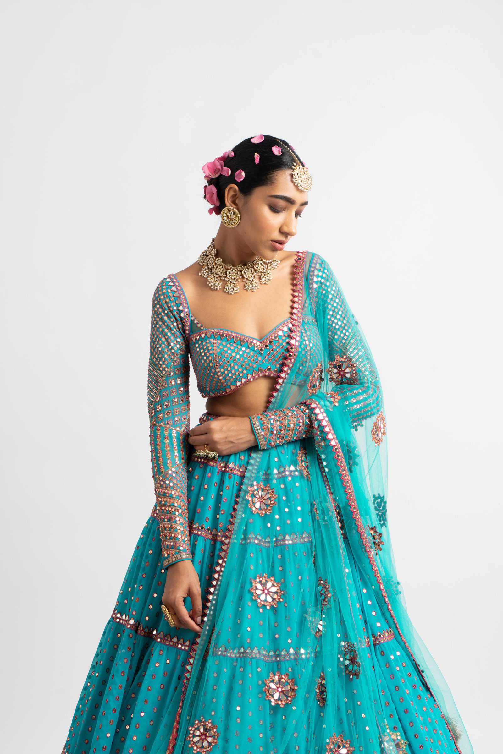 Peacock Green Multi Tier Multi Color Lehenga Set