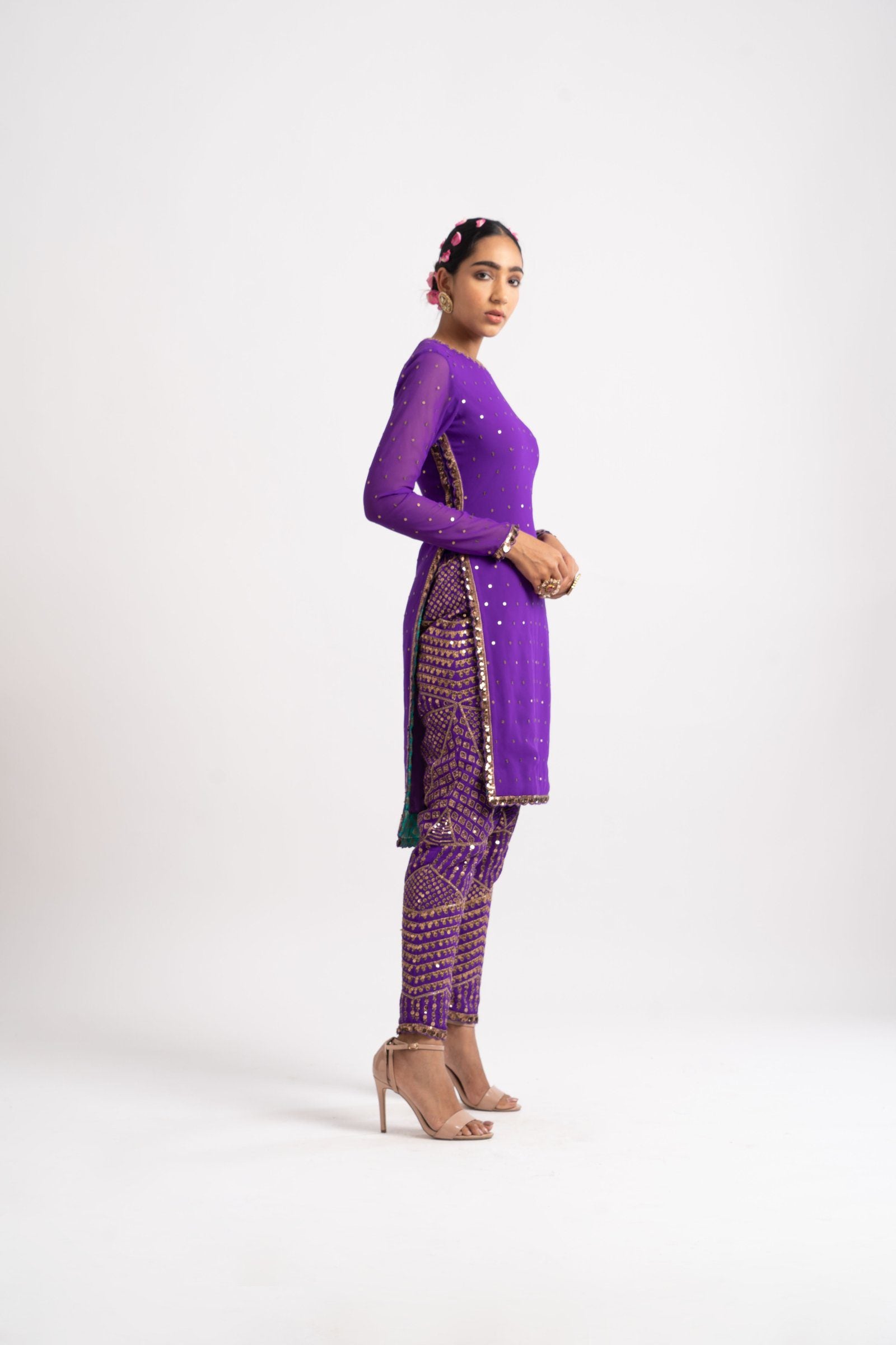 Purple Round Neck Multi Geo Pant Kurta Set