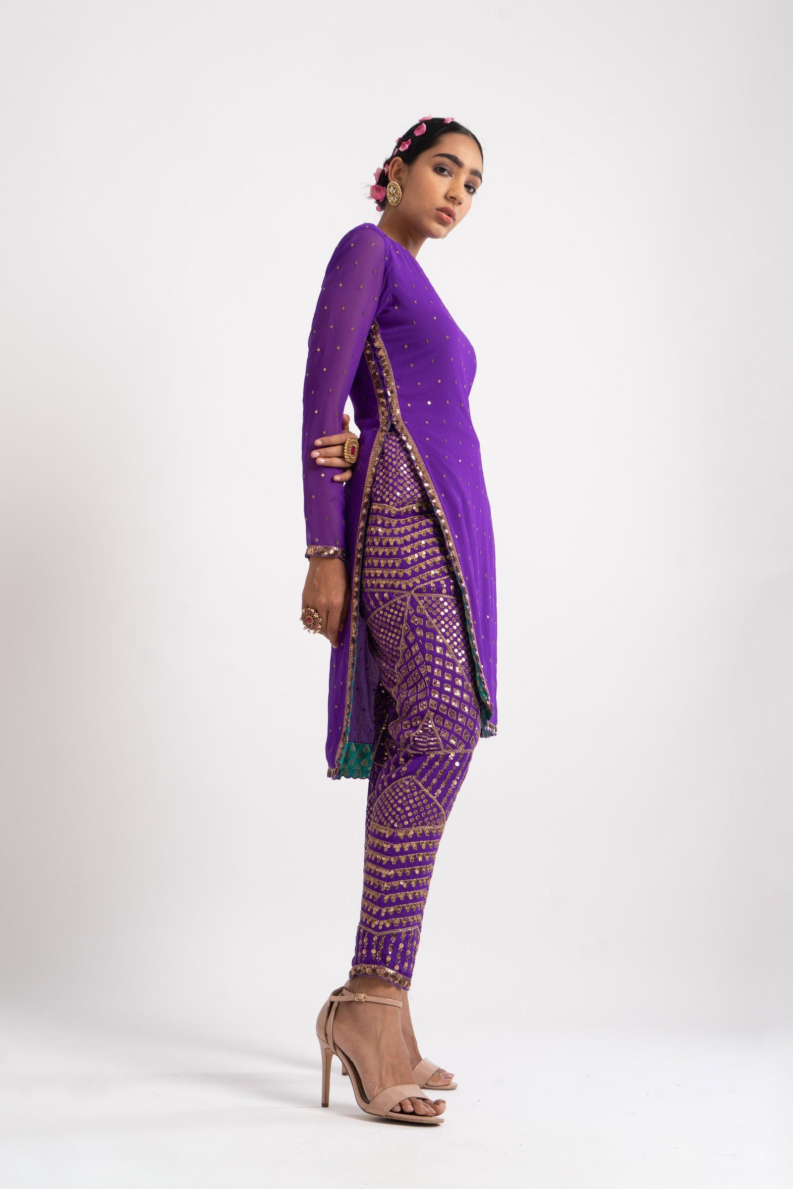 Purple Round Neck Multi Geo Pant Kurta Set