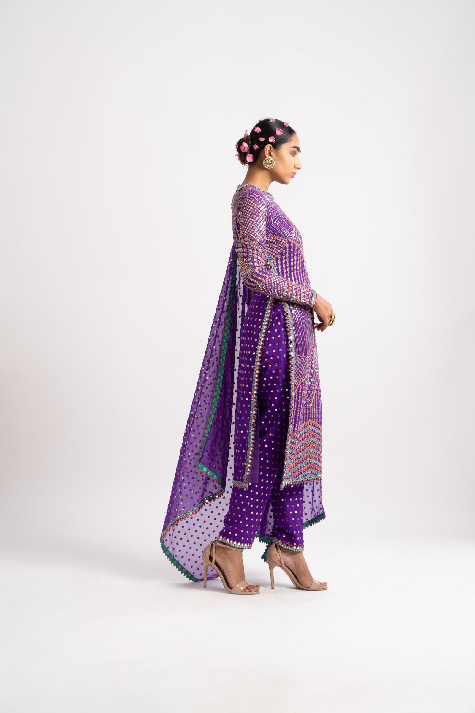 Purple Multi Embroidery Round Neck Kurta Set