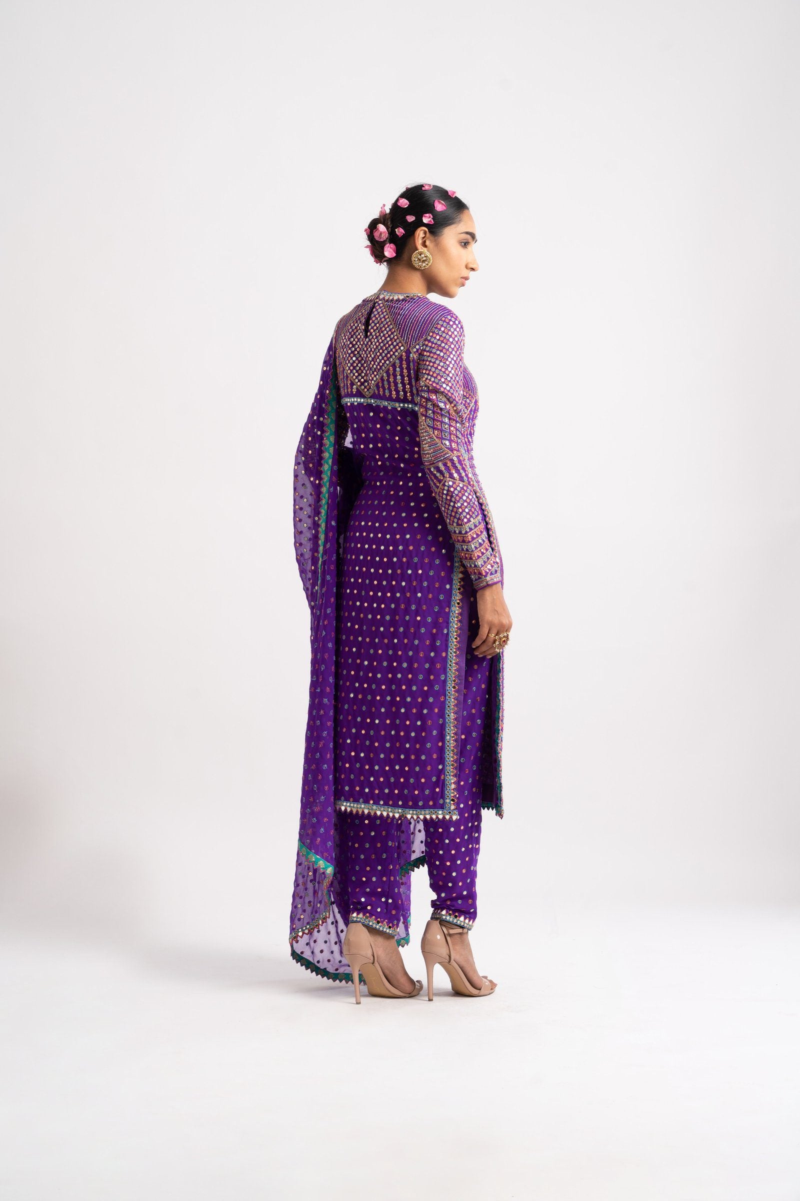 Purple Multi Embroidery Round Neck Kurta Set