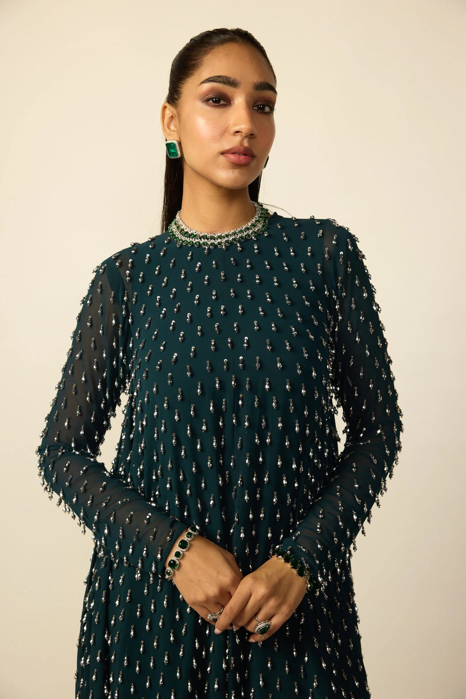 Dark Teal Silver Drop Kurta With Stole