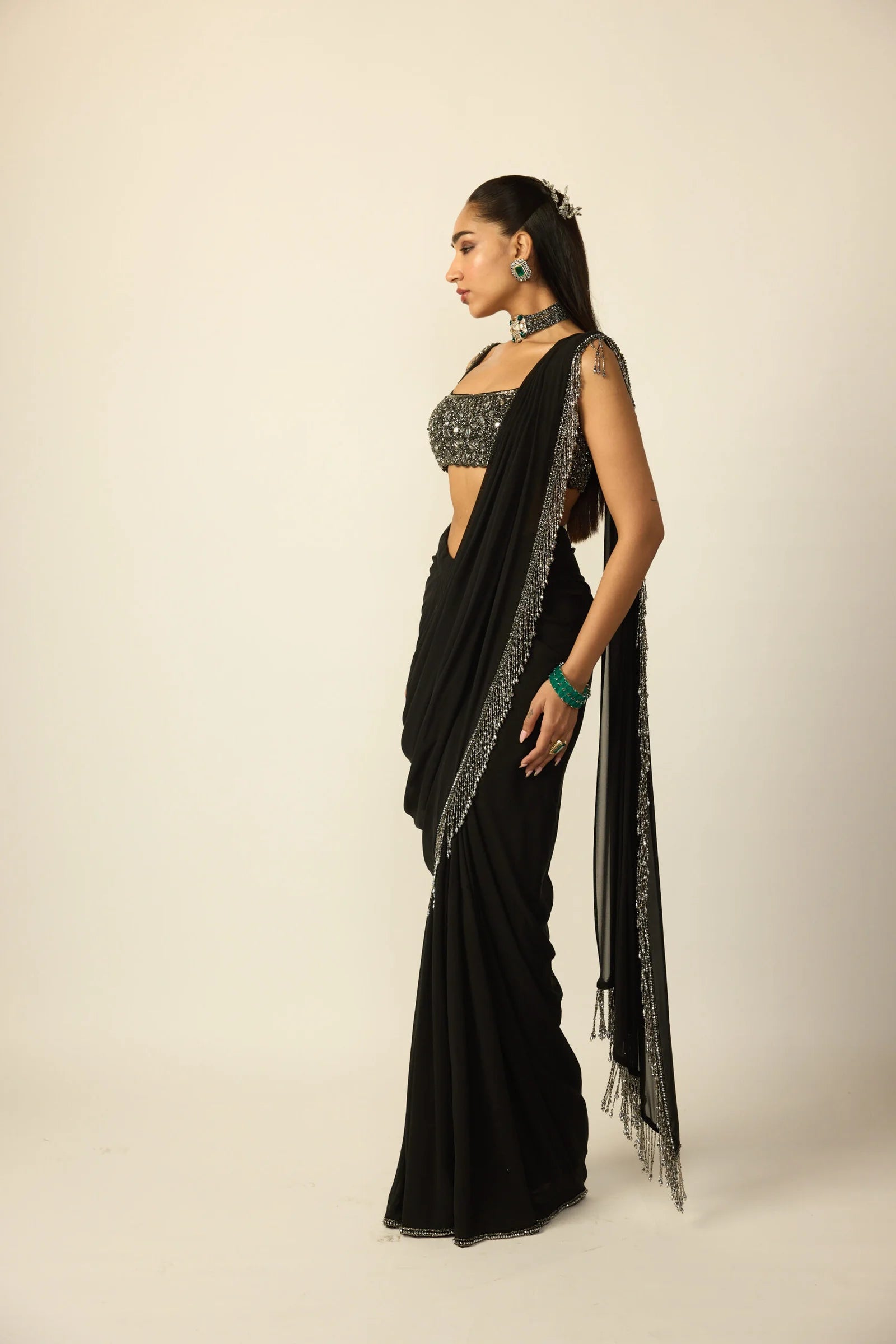 Black Georgette Tassel Saree - Ready to Ship
