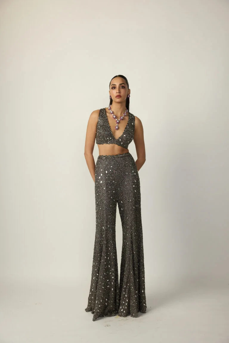 Metallic Grey Blouse Sharara Pant Set