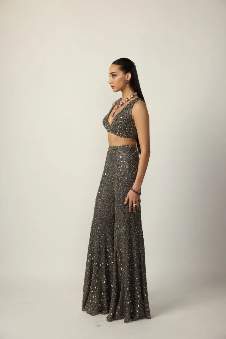 Metallic Grey Blouse Sharara Pant Set