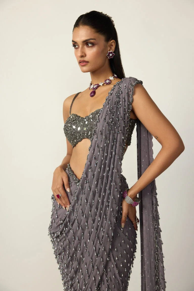 Metallic Grey Single Drop Draped Saree Set