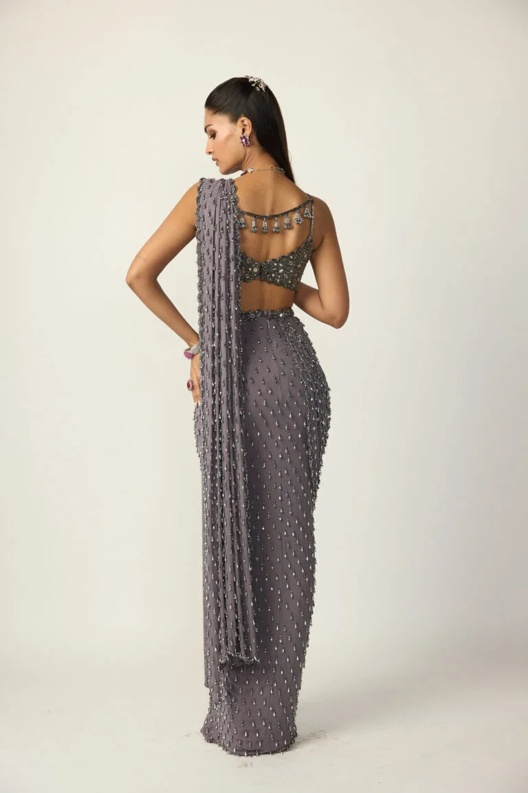 Metallic Grey Single Drop Draped Saree Set