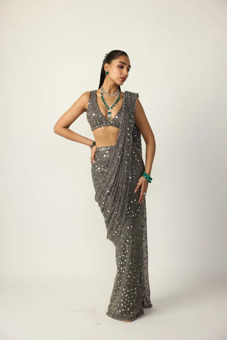 Metallic Grey Draped Saree Set - Ready to Ship