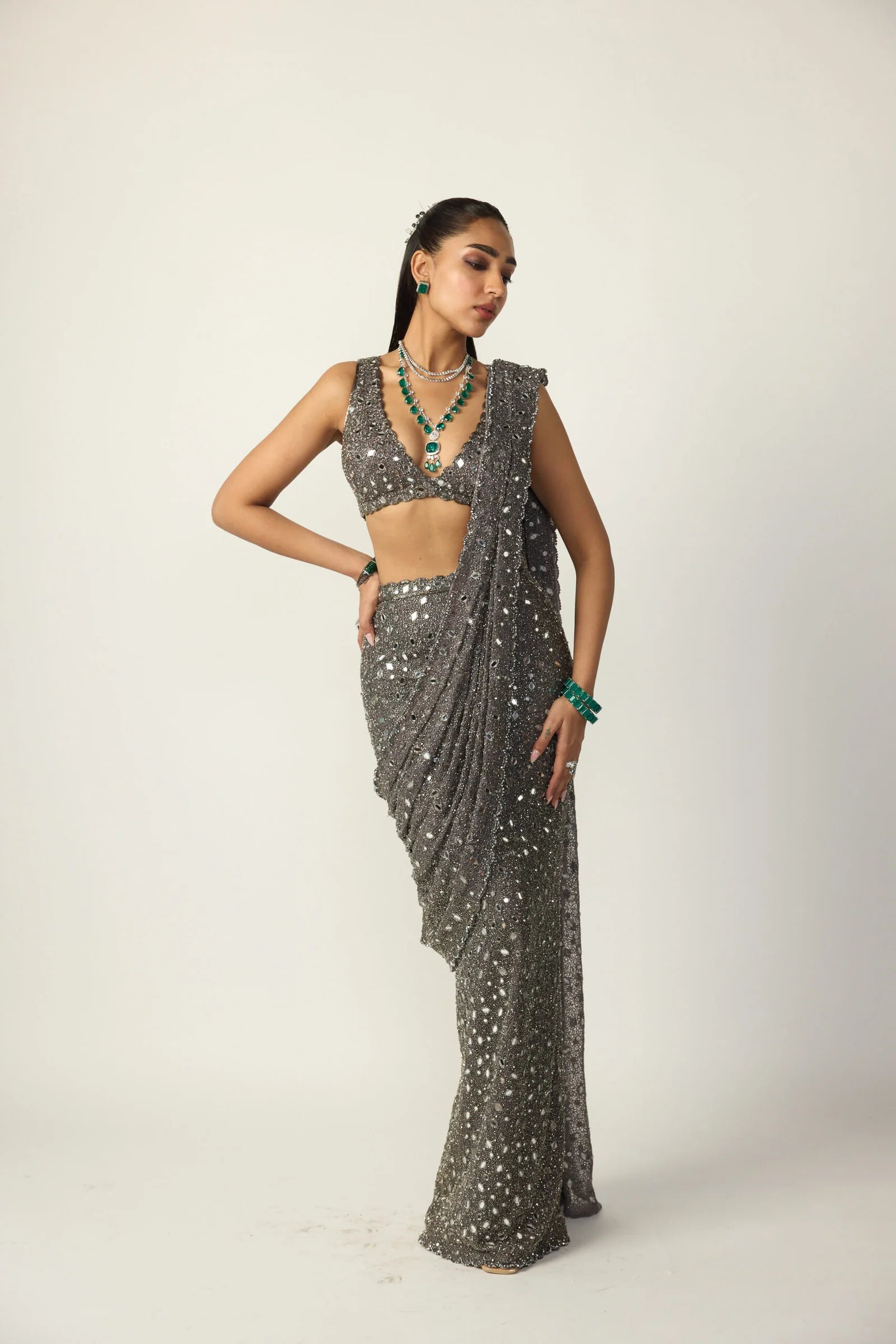 Metallic Grey Single Drop Draped Saree Set
