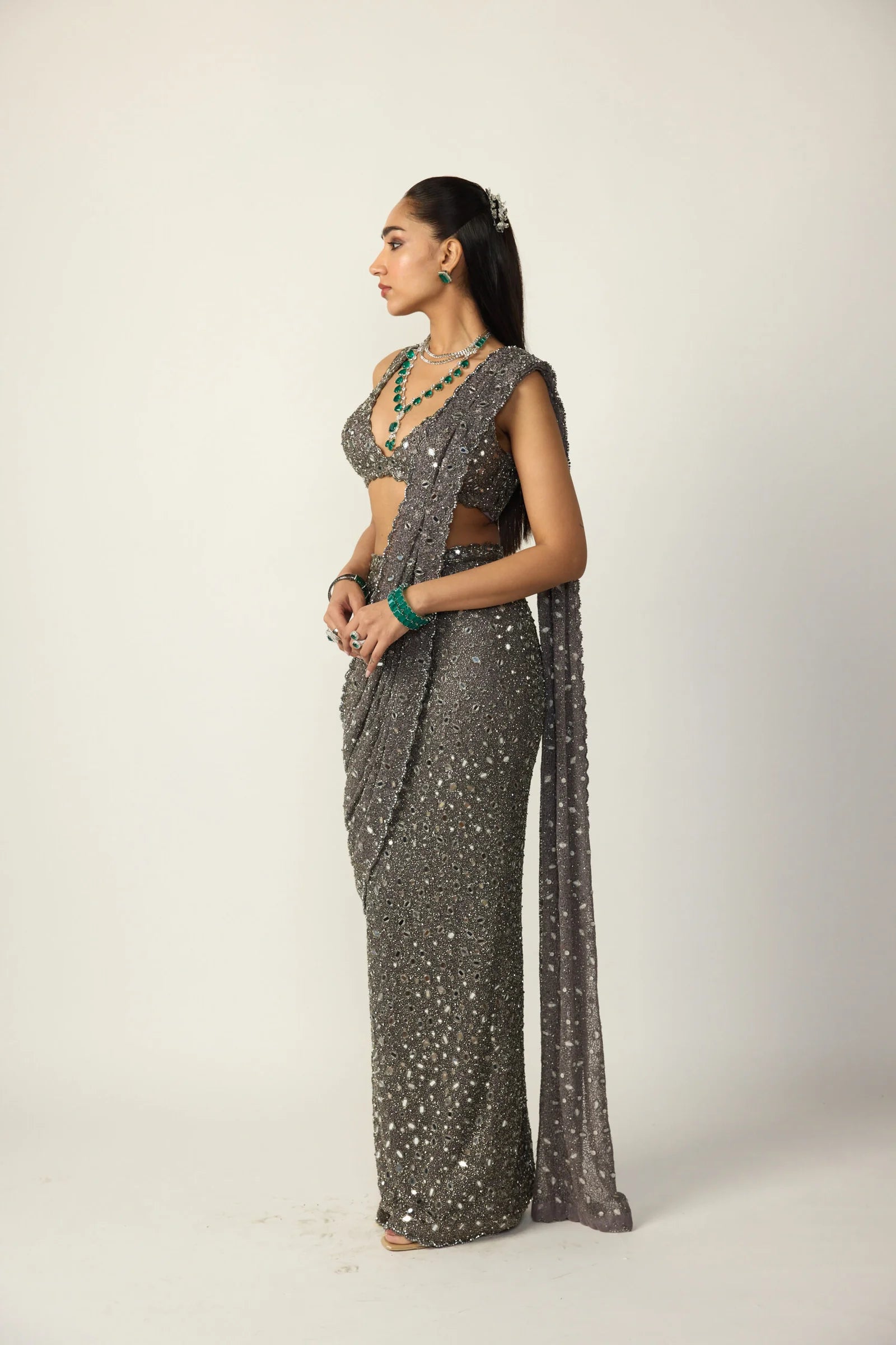 Metallic Grey Draped Saree Set - Ready to Ship