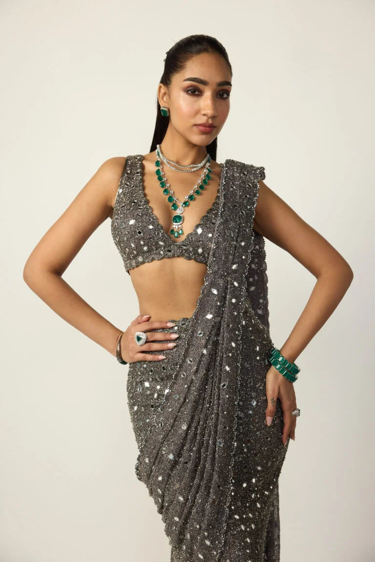 Metallic Grey Draped Saree Set - Ready to Ship