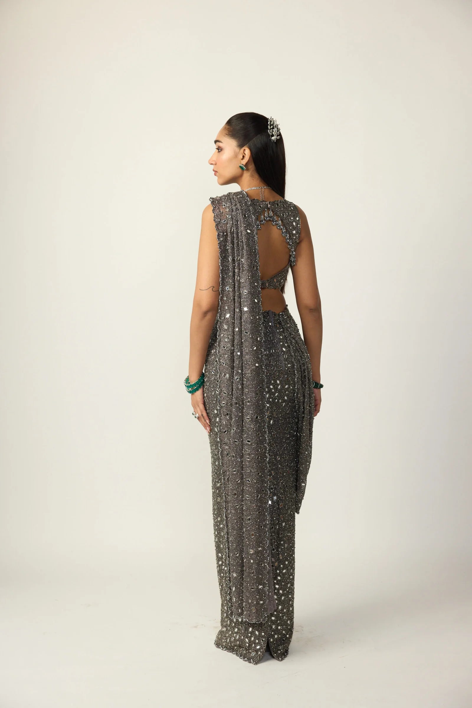 Metallic Grey Draped Saree Set - Ready to Ship