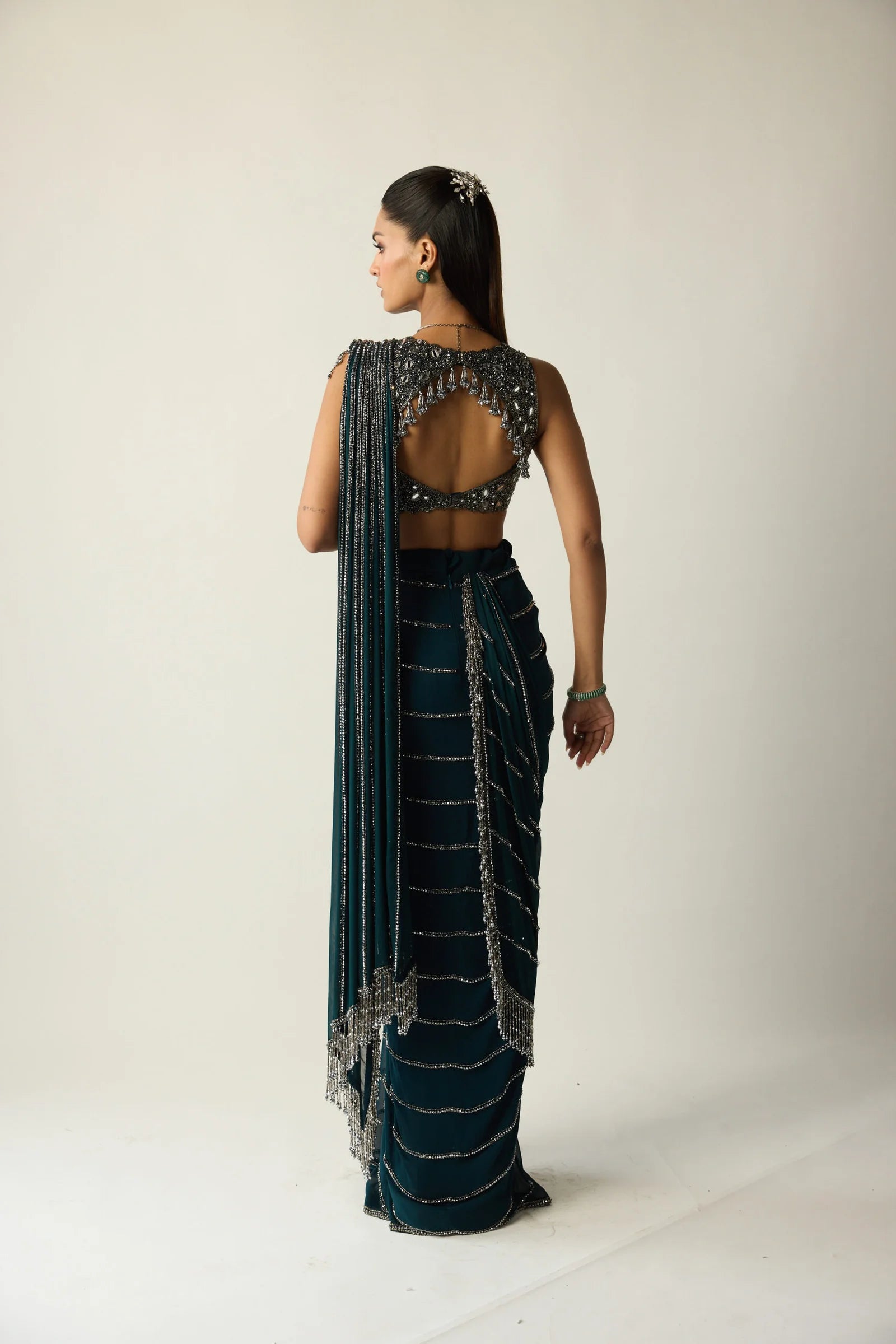 Dark Teal Linear Draped Saree - Ready to Ship