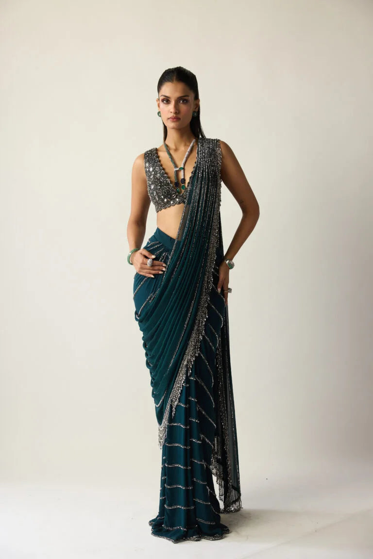 Dark Teal Linear Draped Saree - Ready to Ship