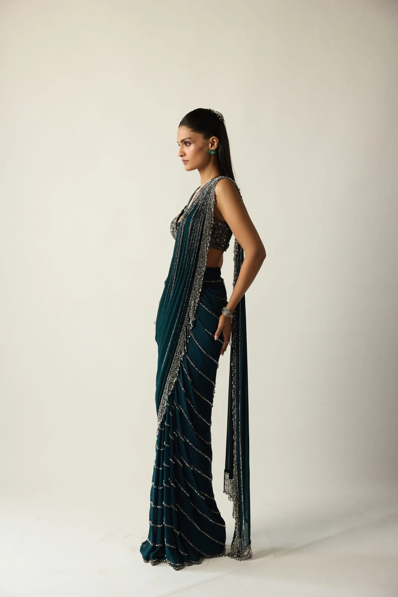 Dark Teal Linear Draped Saree - Ready to Ship