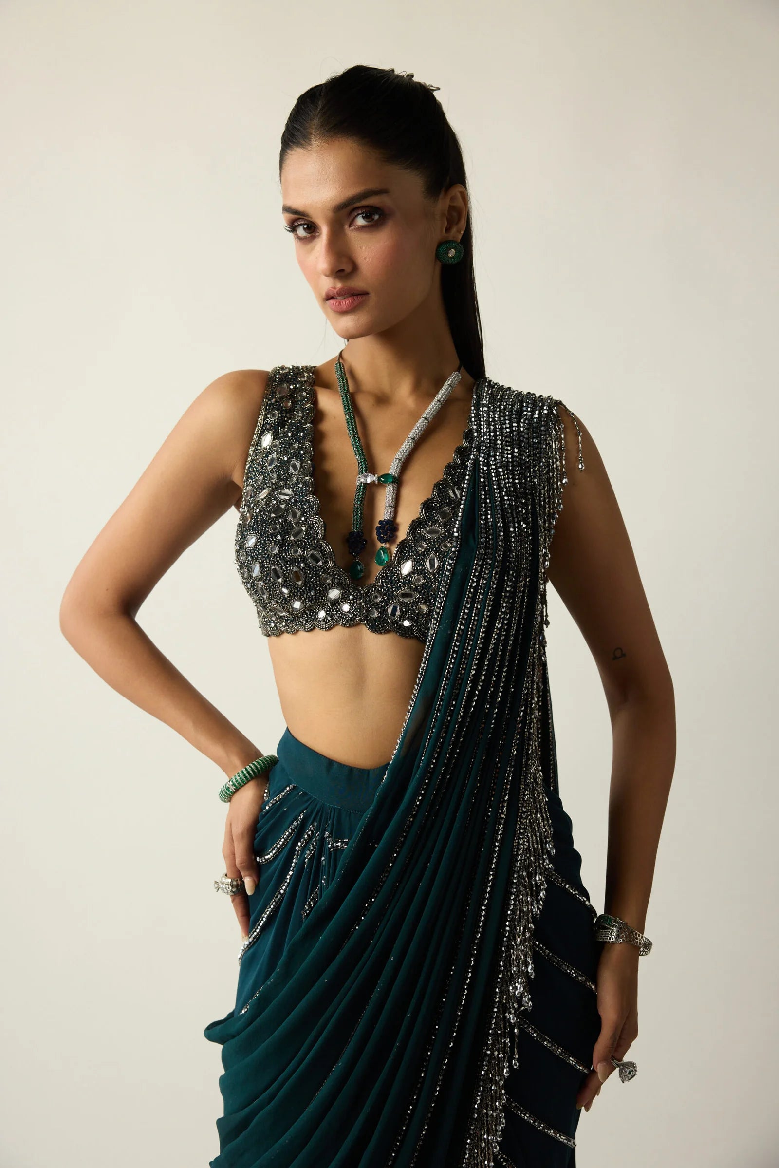Dark Teal Linear Draped Saree - Ready to Ship