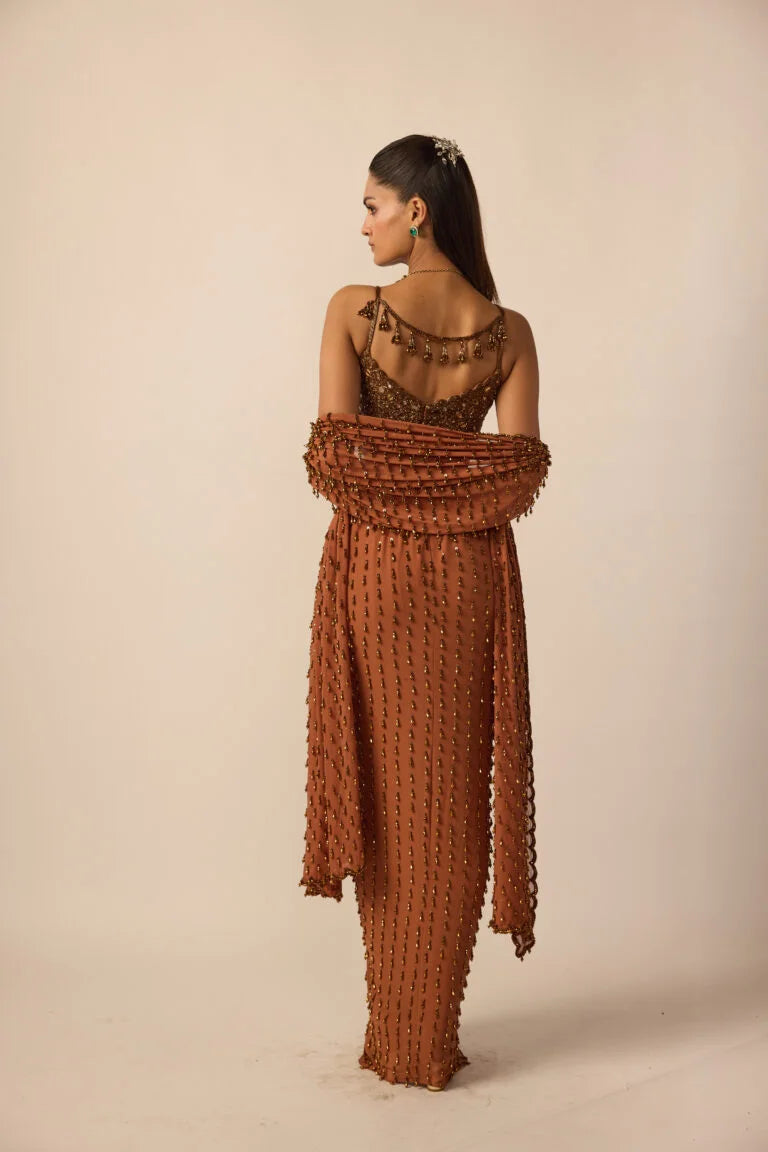 Metallic Copper Single Drop Skirt Set