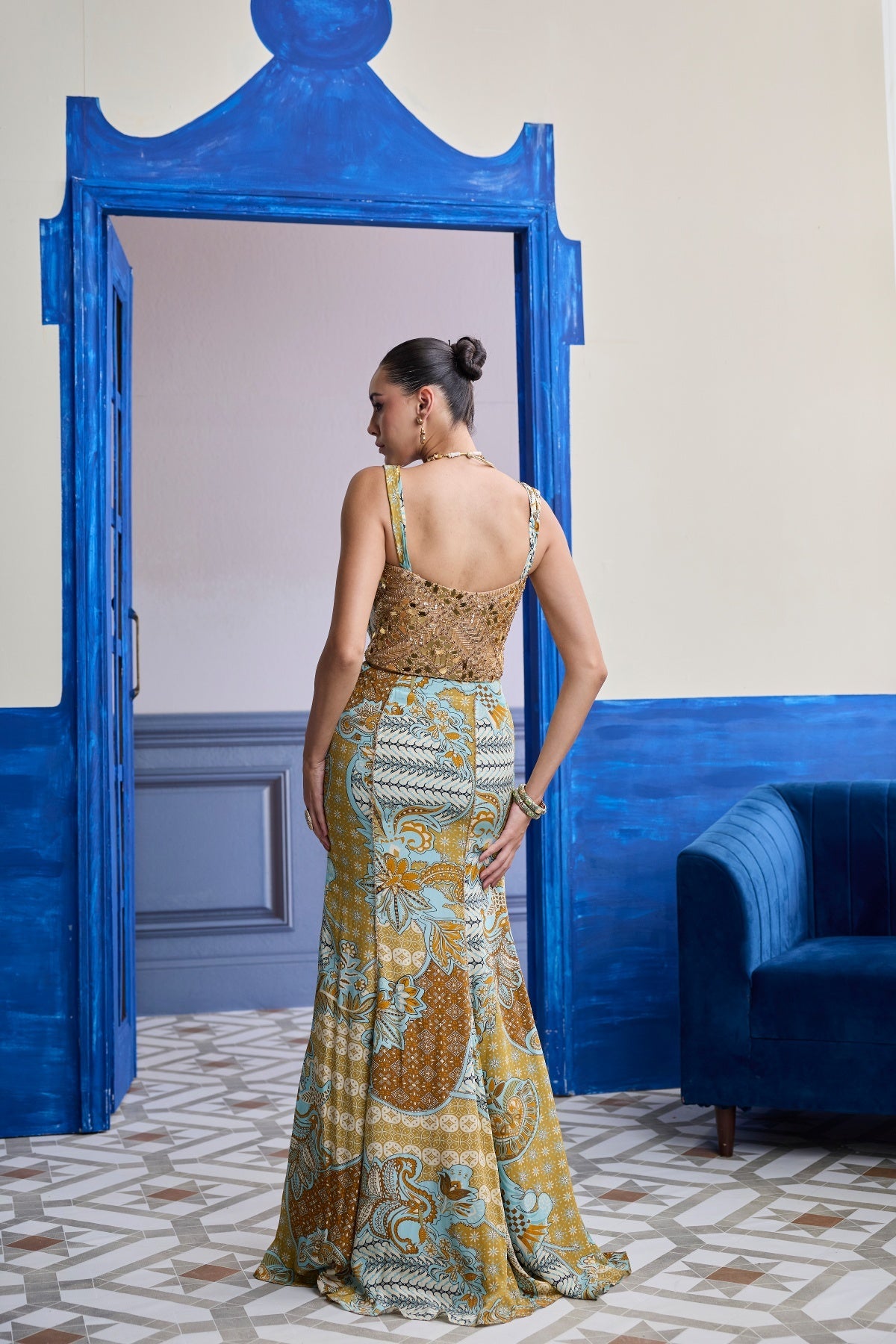 Gold Embroidered Corset With Floral Cowl & Mermaid Skirt Set