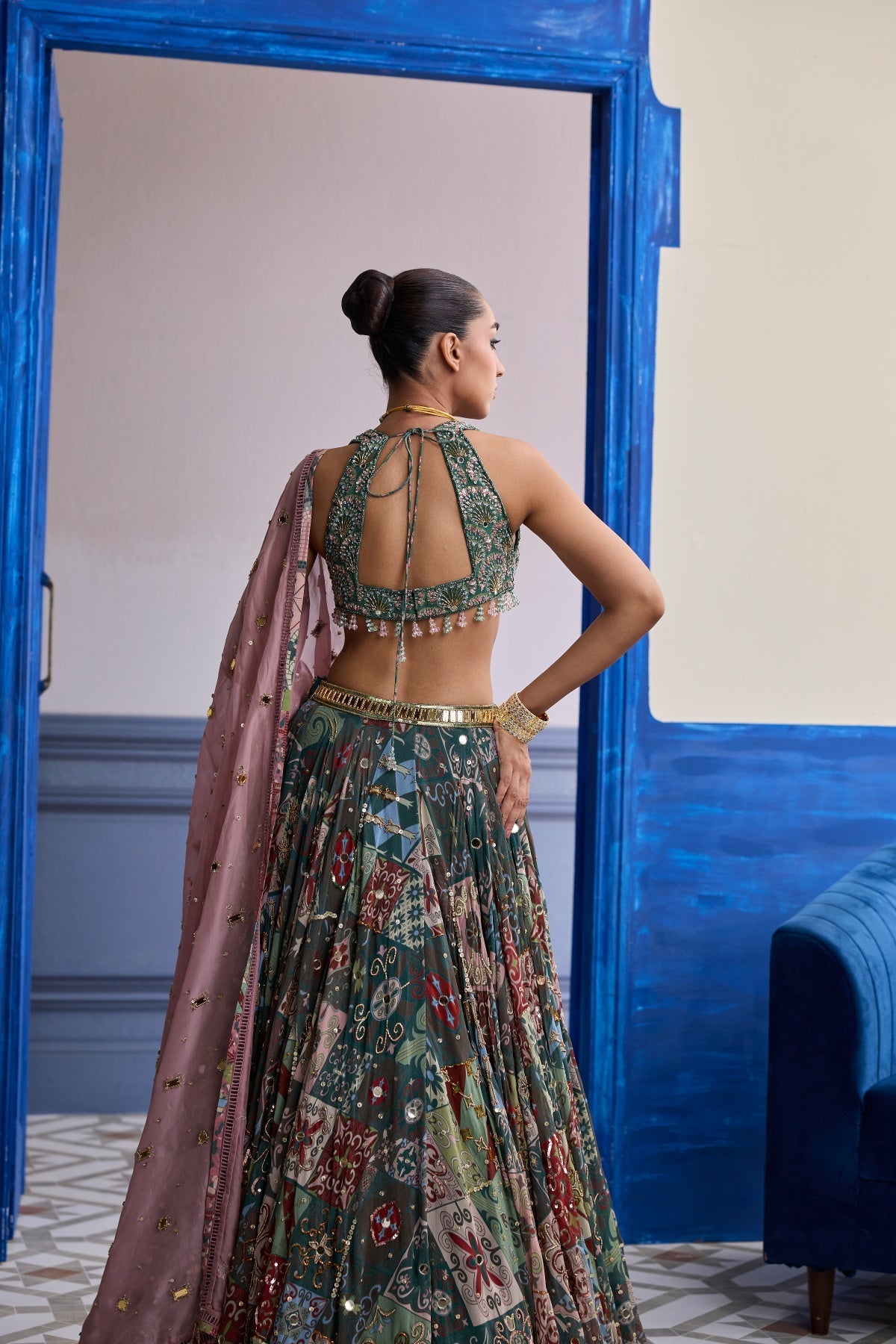 Forest Green Butta Blouse With Highlighted Lehenga & Embroidered Dupatta Set