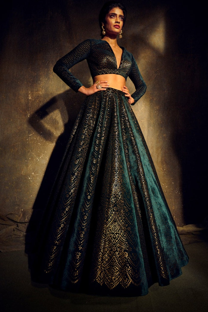 Bottle Green Velvet Lehenga Set - Ready to Ship