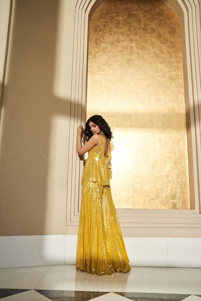 Mustard Yellow Mirror Work Sharara Set