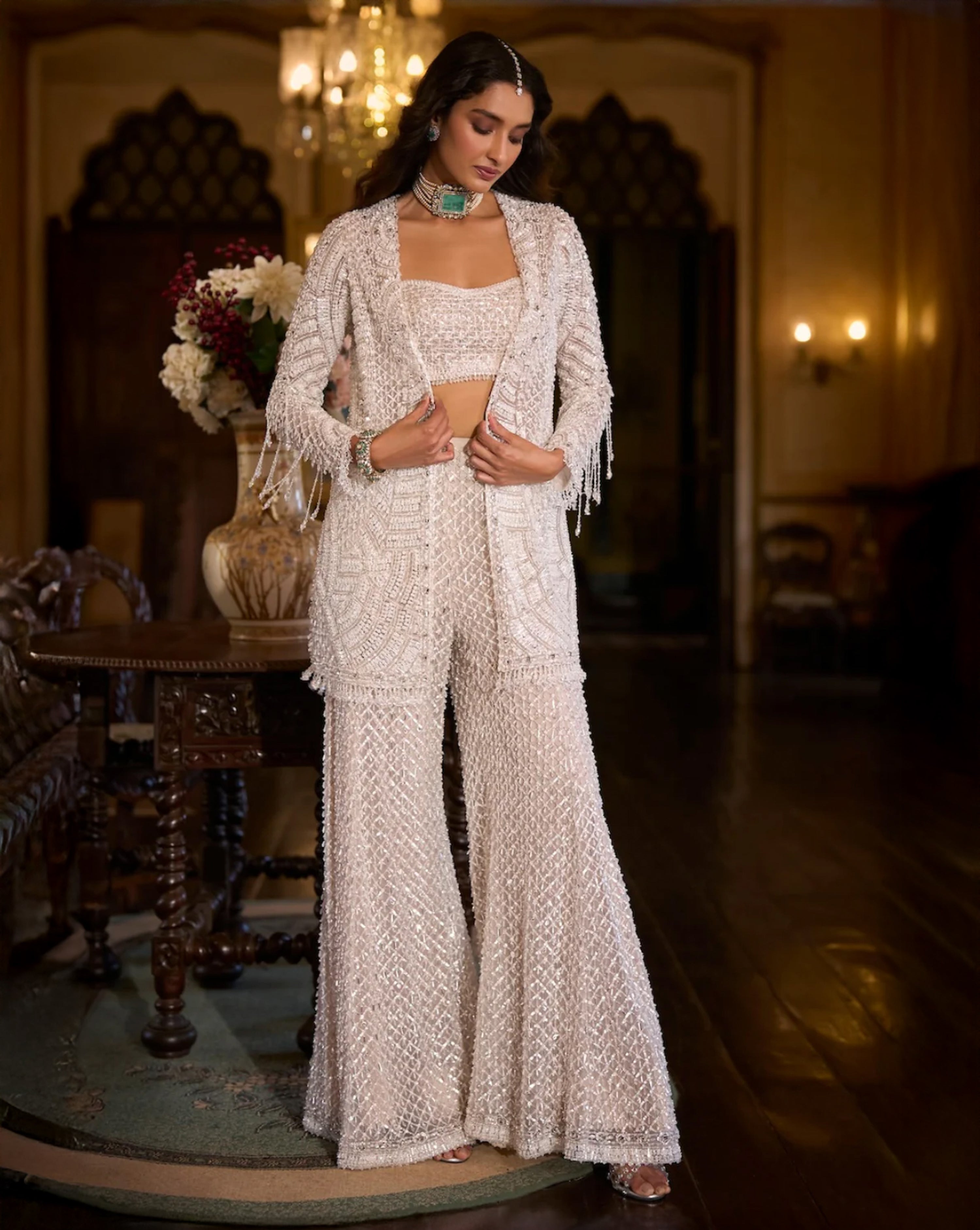 White Sequin Open Jacket - Sharara Pant Set