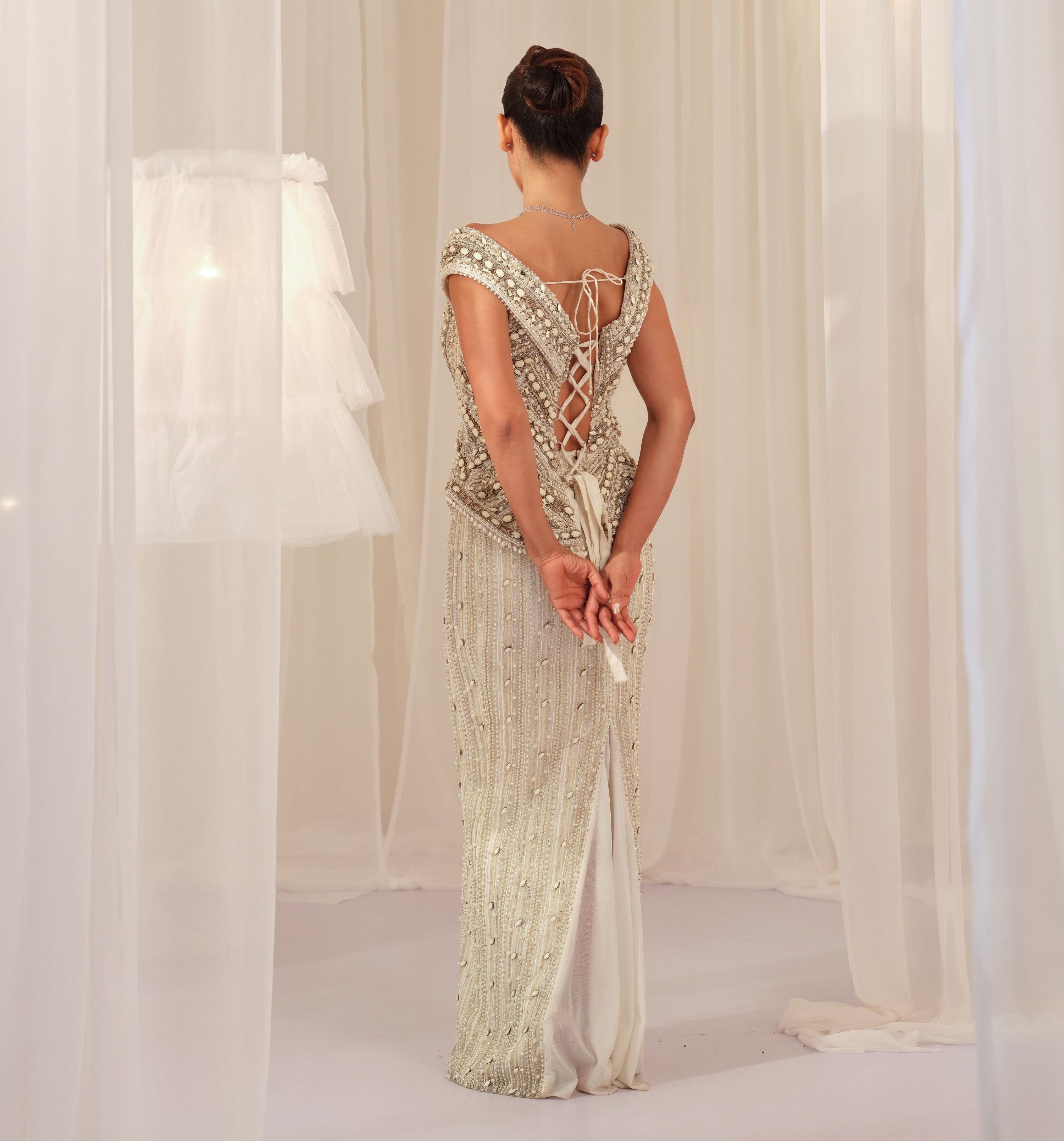 White Stone Crystal Corset with Beaded Pencil Skirt