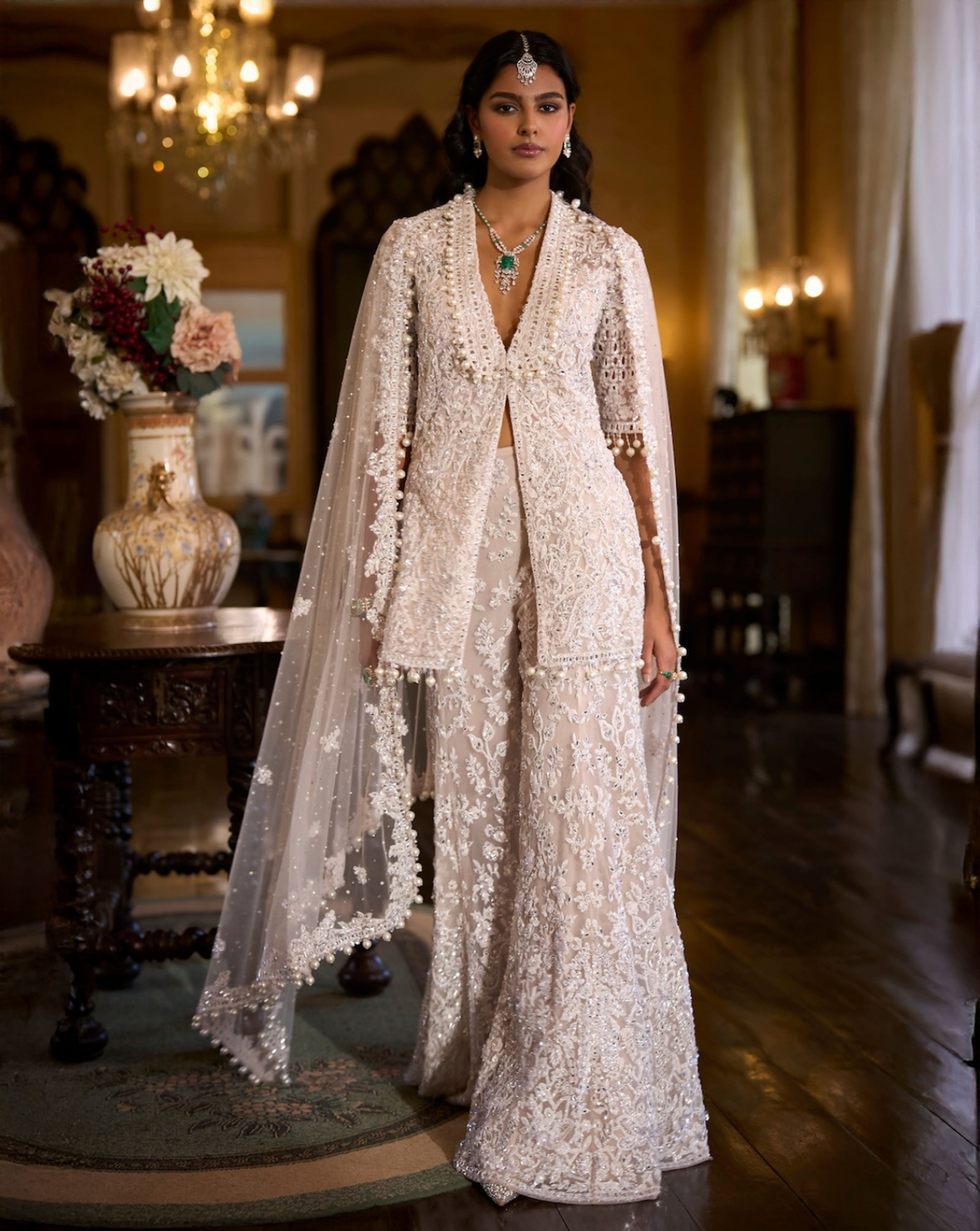 White Sequin Jacket Sharara - Pant Set