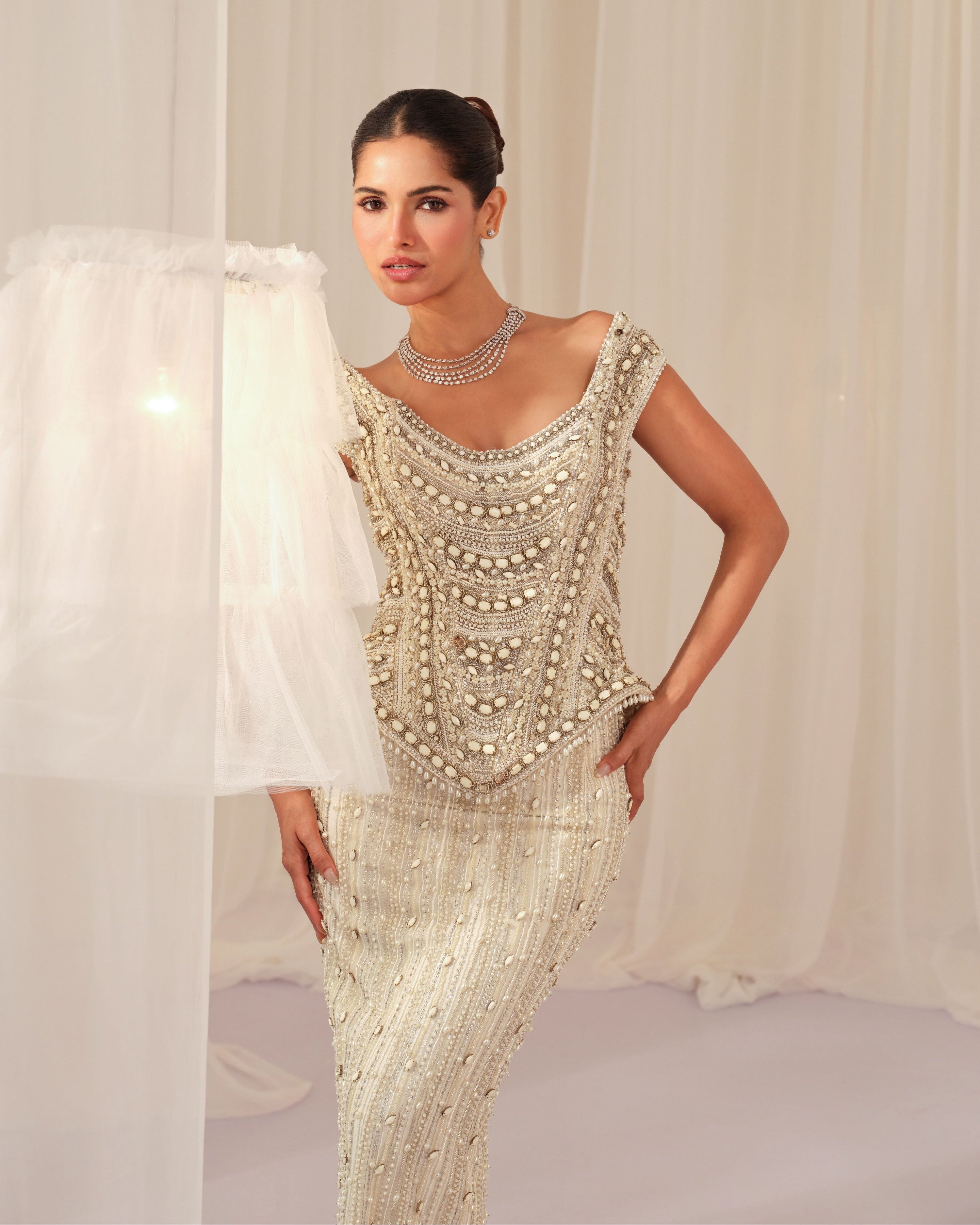 White Stone Crystal Corset with Beaded Pencil Skirt