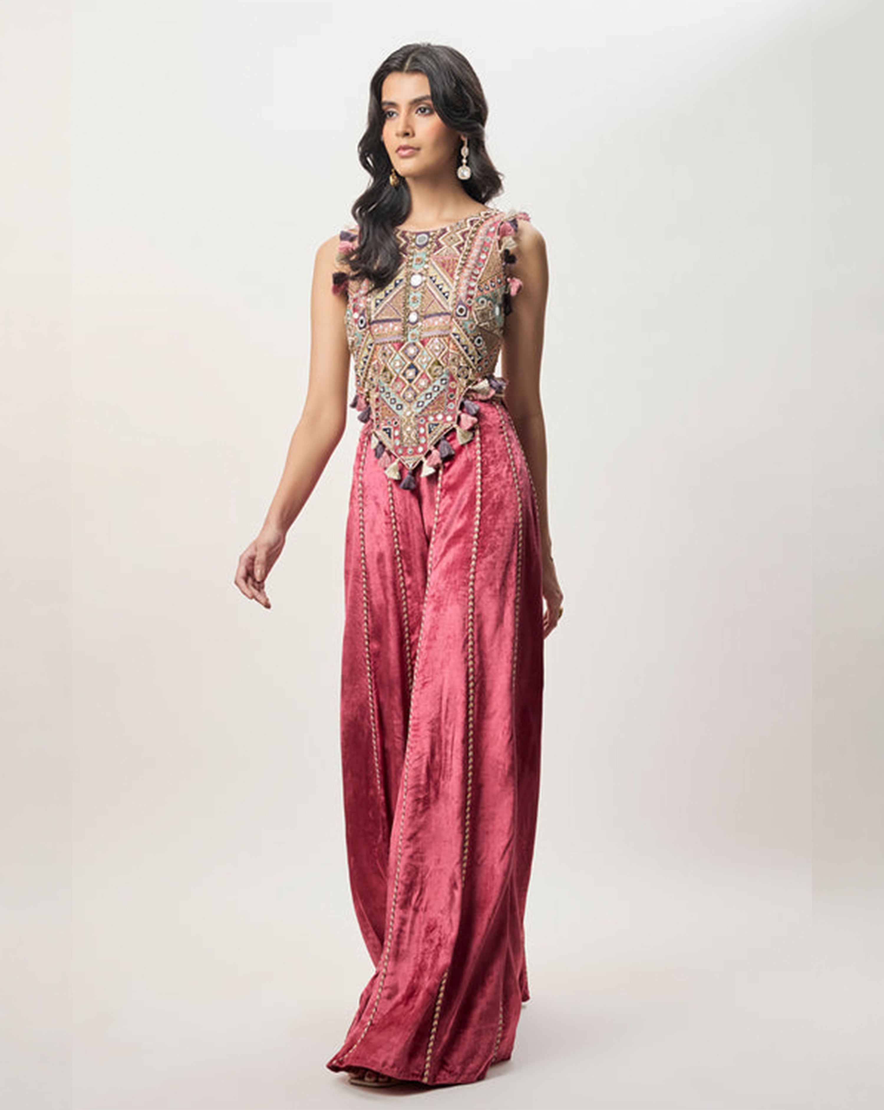 Yasmin Cranberry Georgette Embroidered Choli & Velvet Sharara