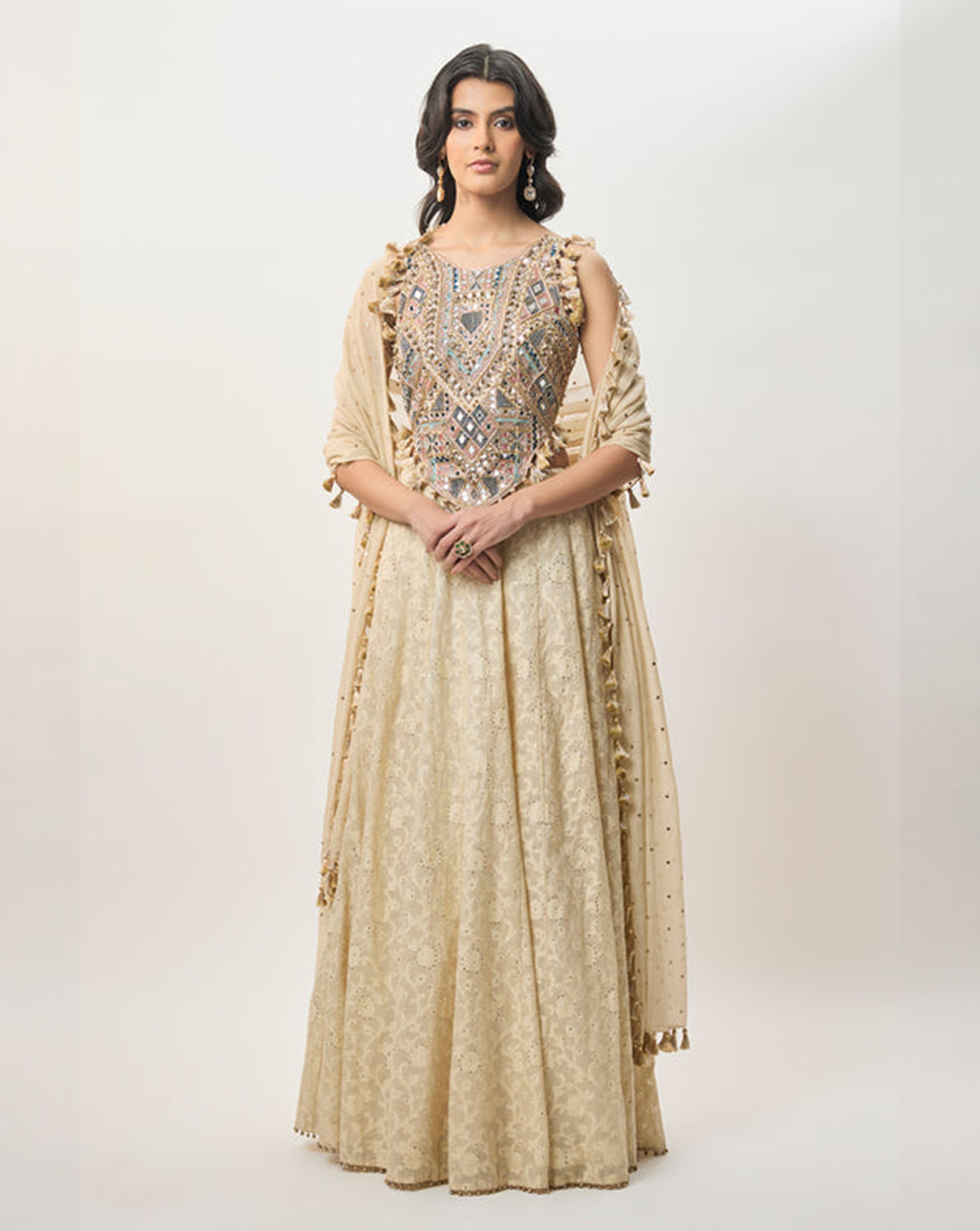Yasna Stone Georgette Half Back Covered Embroidered Choli With Lehenga And Mukaish Mul Dupatta
