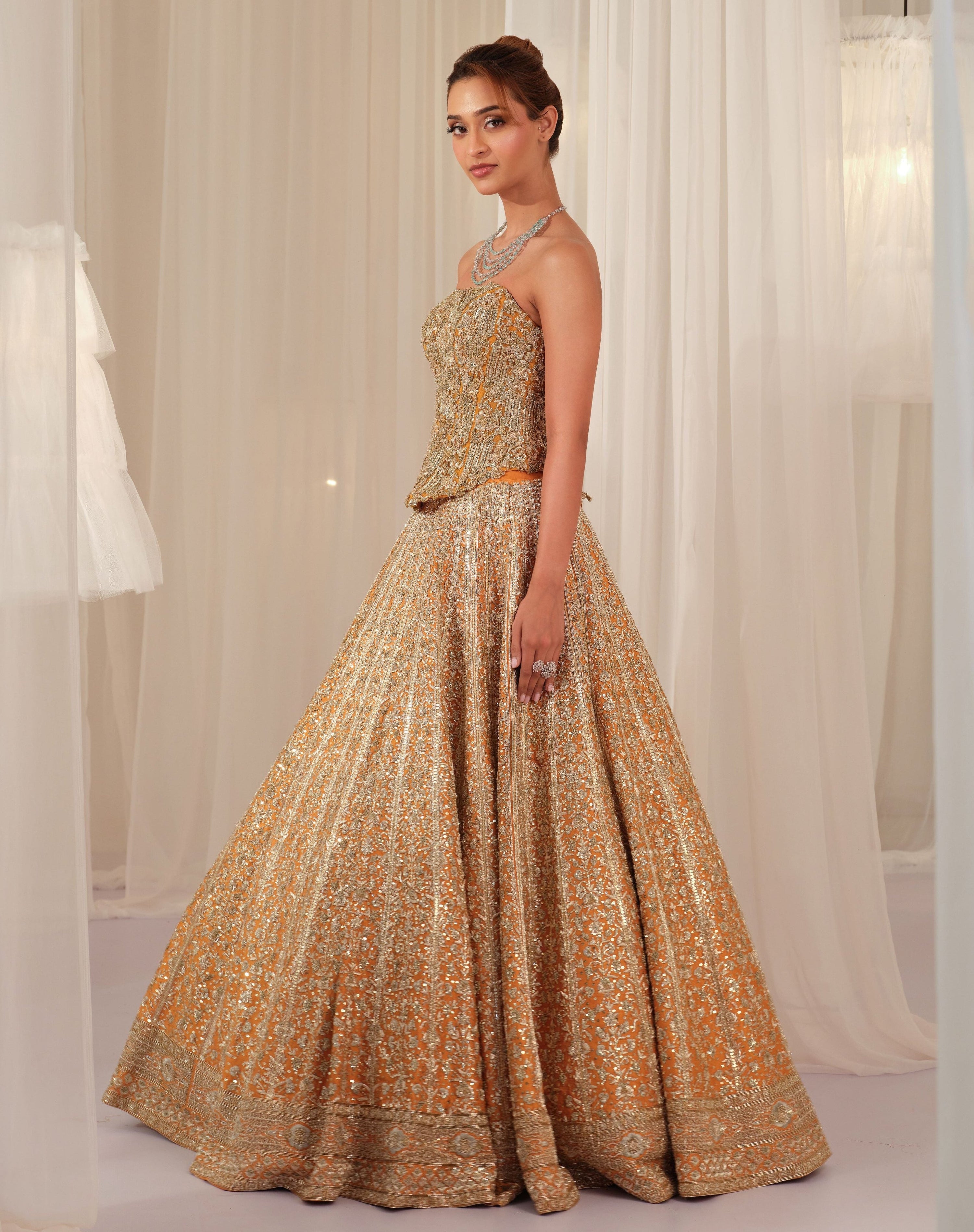 Burnt Orange Raw Silk Lehenga With Corset & Dupatta
