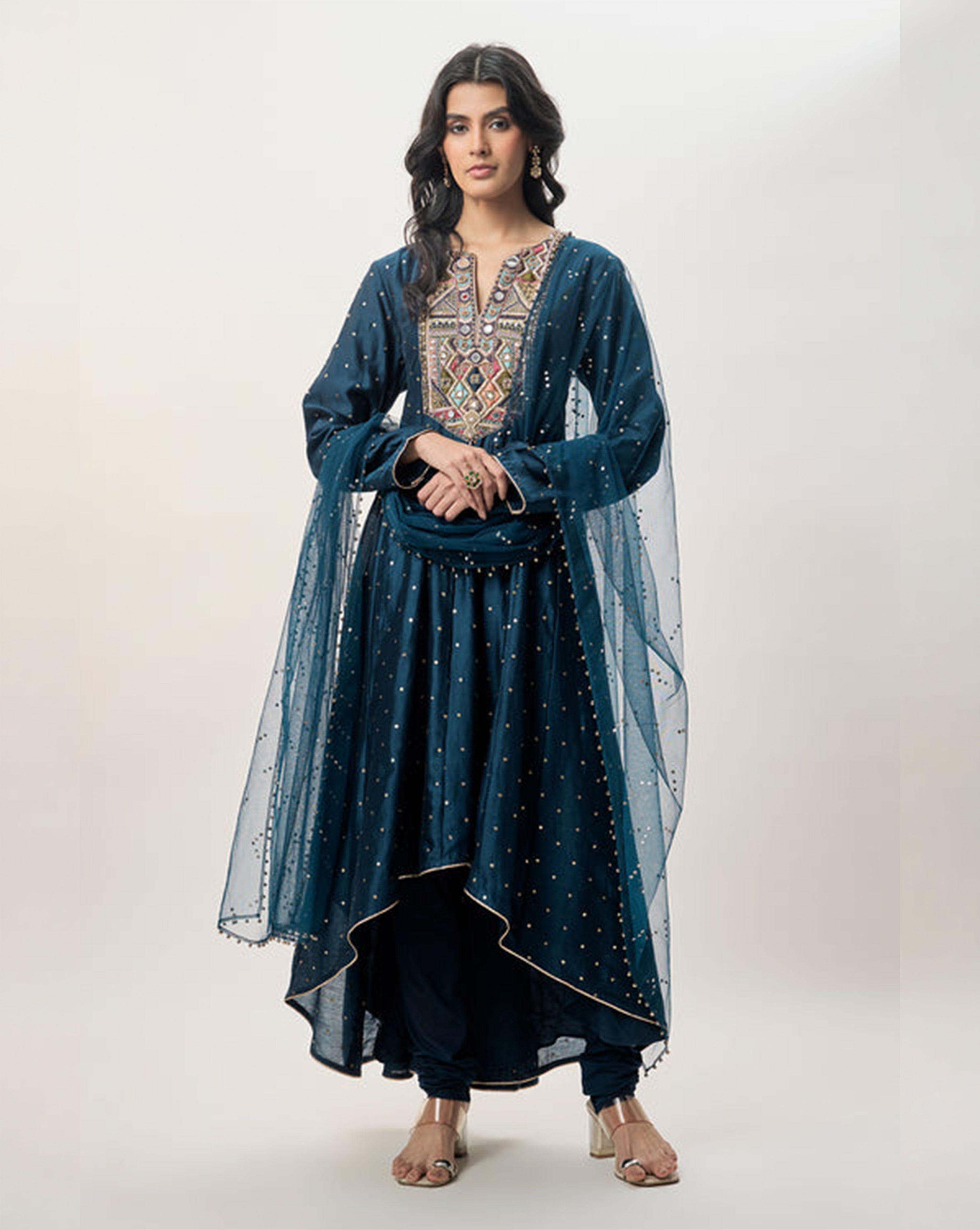 Zarrin Navy Blue Mukaish Silkmul Embroidered Anarkali With Churidar And Mukaish Net Dupatta